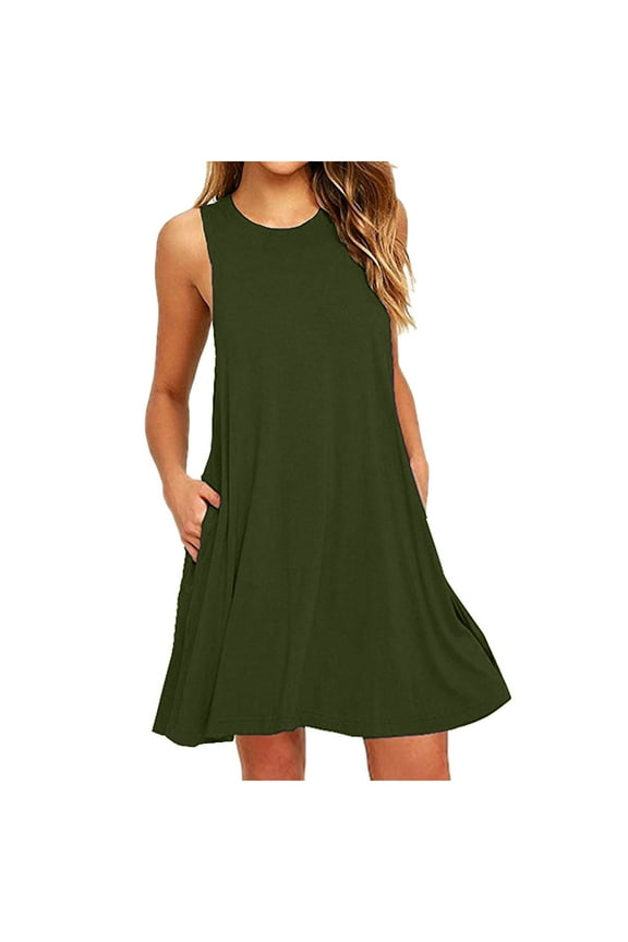 Summer Dresses for Women, Women Dresses Round Neck Casual Solid Color Sleeveless Above Knee Dresses Sundresses for Women Sun Dress Tank Dress with Pockets Tshirt Dress Sundresses