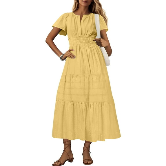 pstuiky Summer Dresses for Women, Women V Neck Short Sleeve Pleated Midi Dress Elastic Waist Boho Beach Long Dress for Summer Casual High Waist a Line Dress Vacation Clothes Dresses Yellow S