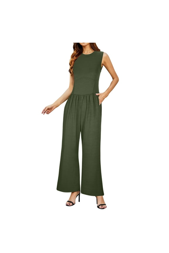 Summer Jumpsuit, Women's Solid Color Sleeveless Wide Leg Jumpsuit Dressy Ribbed Jumpsuit with Summer Tank Romper Womens Rompers for Summer Juniors Pants Flash