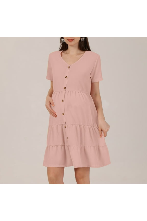 Summer Maternity Dress, Women Fashion Casual Comfort Solid Color Button Pregnant Short Sleeve V-Neck Dress Maxi Dress Maternity Clothes