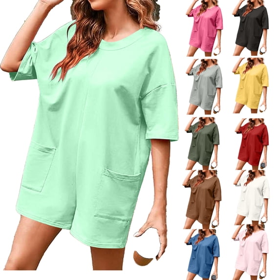 pstuiky Summer Rompers for Women Casual Summer, Solid Color Athletic Short Jumpsuits Casual Half Short Sleeve Plus Size Jumpsuit for Vacation with Pockets Trendy