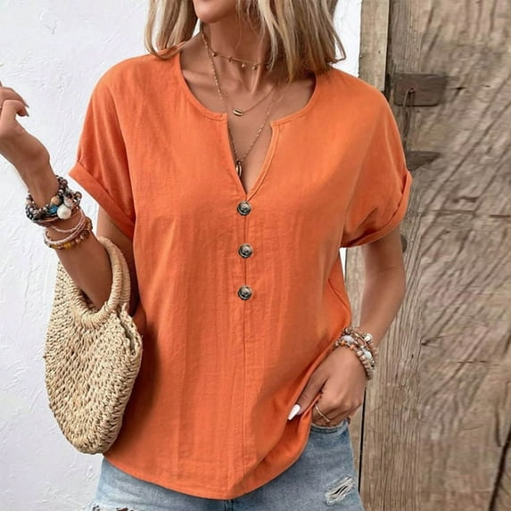 pstuiky Summer Tops Cotton and Linen Solid Color V-Neck Linen Tops for Women Casual Loose Fit Short Sleeve Tie Front Outfits Clothes Orange M
