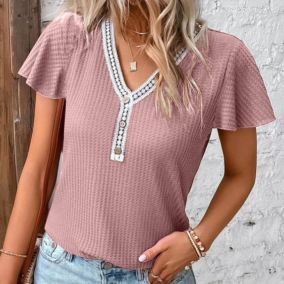 pstuiky Summer Tops for Women 2024, Fashion Women's Summer V-Neck Button Short Sleeve Solid Casual Pullove Blouses Tops Casual Tops for Women 0 Tshirts