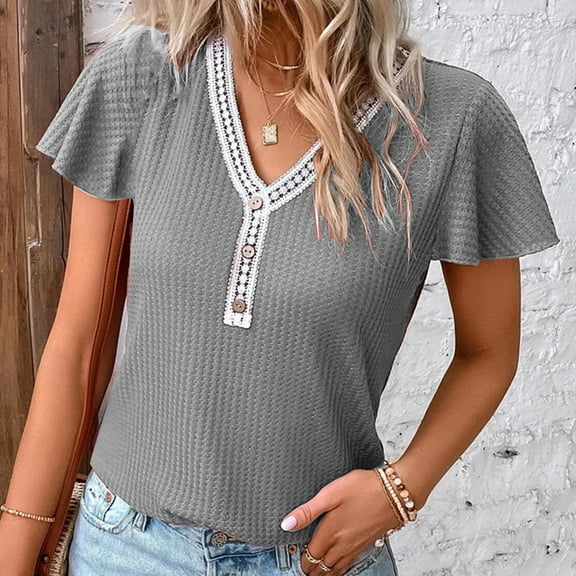 pstuiky Summer Tops for Women 2024, Fashion Women's Summer V-Neck Button Short Sleeve Solid Casual Pullove Blouses Tops Casual Tops for Women 0 Tshirts