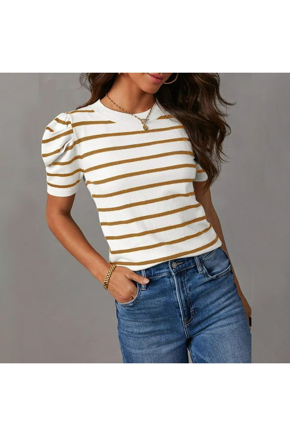 Summer Tops for Women 2024, Women's Short Puff Sleeve Knit Tops Trendy Crewneck Striped T-Shirts Casual Summer Blouses Work Shirts for Women 0 Tops