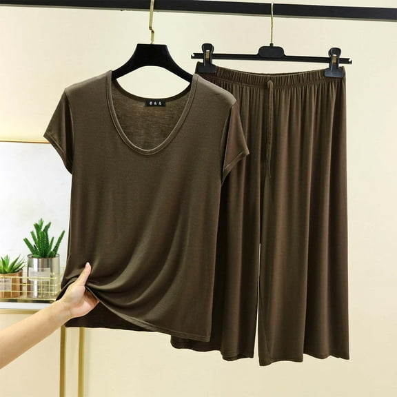 pstuiky Summer Two Piece Sets for Women Summer Solid Color Comfortable Comfy Lounge Sets Lounge Loose Fit V-Neck Short Sleeve Pajama Sets with Shorts Loungewear Sets Woman Army Green XL