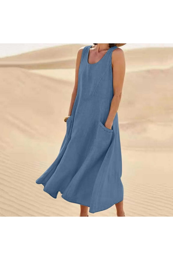 Sun Dresses for Women 2024, Women Maxi Dress for Cotton Linen Tank Dress Sleeveless Loose Round Neck Dresses with Pockets Leisure Dress Blue #4 XL E2