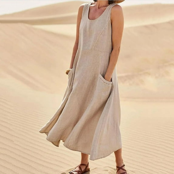 pstuiky Sun Dresses for Women 2024, Women Maxi Dress for Cotton Linen Tank Dress Sleeveless Loose Round Neck Dresses with Pockets Leisure Dress on Sale Khaki #1 XL E2