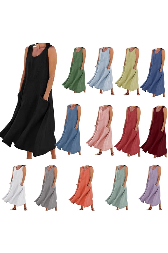 Sun Dresses for Women , Women Maxi Dress for Cotton Linen Tank Dress Sleeveless Loose Round Neck Dresses with Pockets Leisure Dress