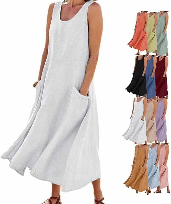 pstuiky Sun Dresses for Women 2024, Women Maxi Dress for Cotton Linen Tank Dress Sleeveless Loose Round Neck Dresses with Pockets Leisure Dress on Sale White #1 L E2