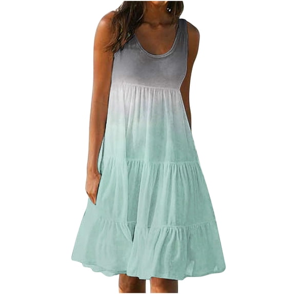 pstuiky Sun Dresses for Women 2024, Womens Summer Sleeveless Crewneck Swing Sundress Fit & Gradient Print Sleeveless Party Beach Dress Leisure Dress on Sale Green