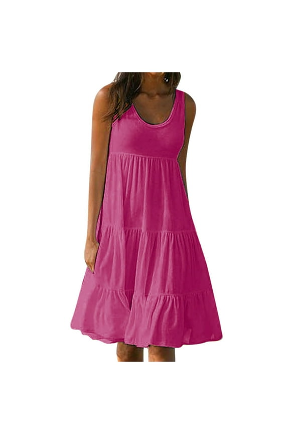 Sun Dresses for Women , Womens Summer Sleeveless Crewneck Swing Sundress Fit & Gradient Print Sleeveless Party Beach Dress Leisure Dress Hot Pink