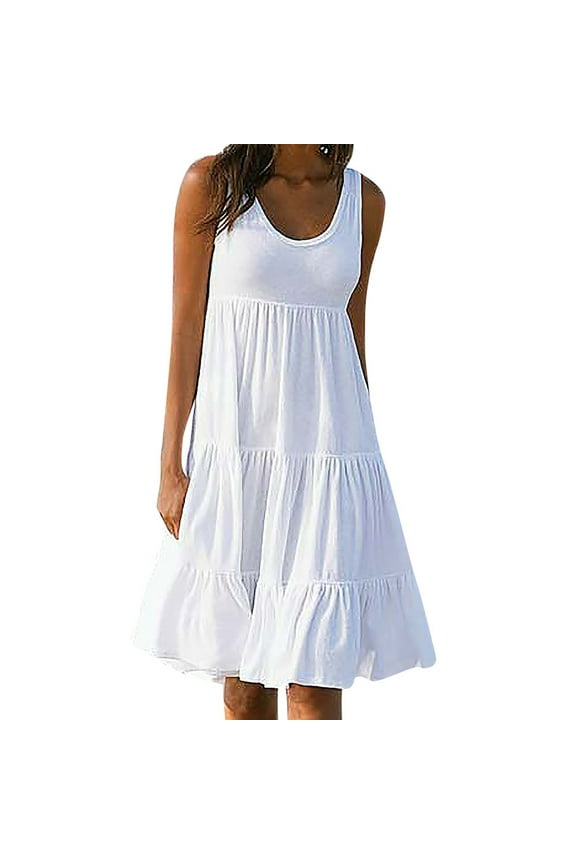 Sun Dresses for Women , Womens Summer Sleeveless Crewneck Swing Sundress Fit & Gradient Print Sleeveless Party Beach Dress Leisure Dress White
