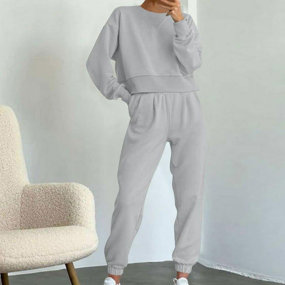 pstuiky Sweat Suits for Womens 2 Piece, Women Long Sleeve Round Neck Blouses Shirts Sets and Long Pants Slim Fit Trendy Plus Size Fall Outfits 2 Piece Sweatsuits for Women Up to 50% Off Gray S