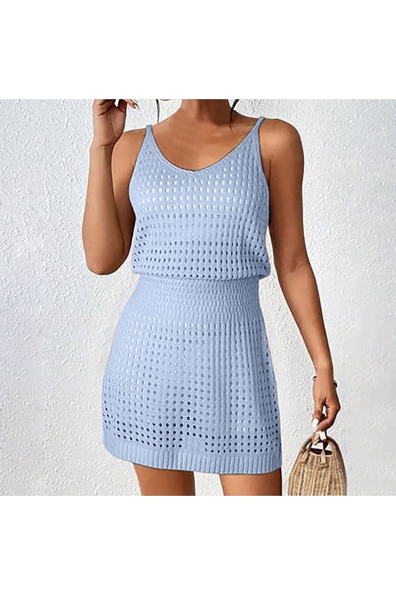 Swimsuit Cover up, Summer Crochet Hollow Out Knit Beach Cover Up Dress for Women Vacation Swimwear Bathing Suit Outfit Cruise Resort Wear Lightweight Long Sleeve Blue 4
