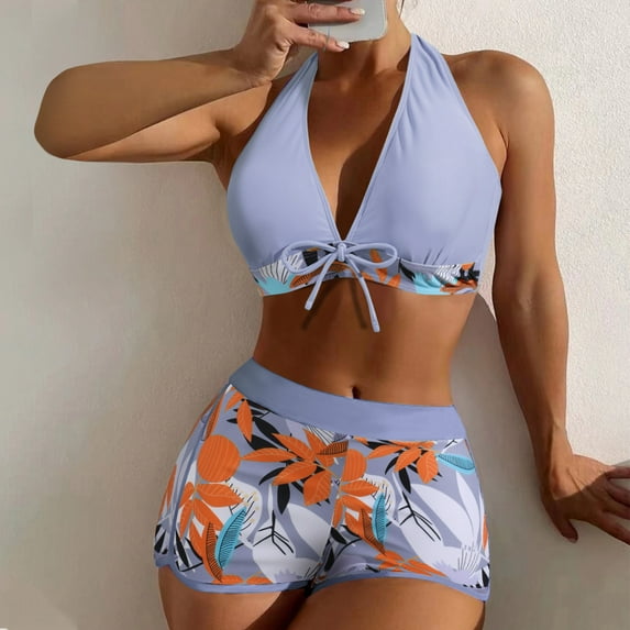 pstuiky Bikini Sets for Women, Women High Waisted Bikini Set with Chest Pad No Underwire Deep V Neck Print Patchwork Swimsuit Two Piece for Summer Beach Pool Light Blue S