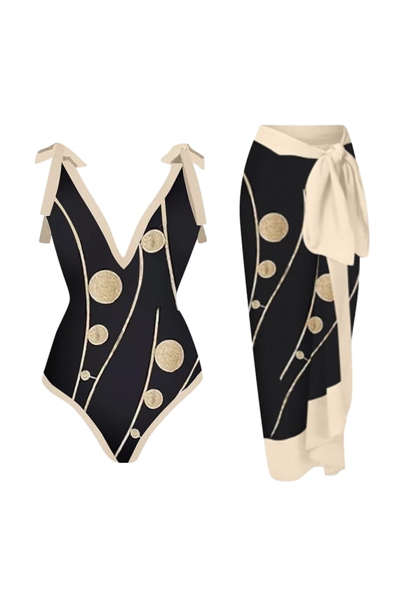 Swimsuit Women Bikini, Women One Piece Swimsuit with Beach Cover up Wrap Skirt Sarong Retro Floral Print Bikini Set Two Piece Leisure Black M