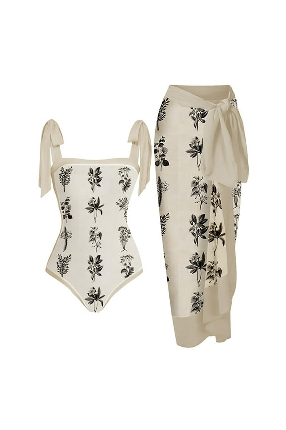 Swimsuit Women Bikini, Women One Piece Swimsuit with Beach Cover up Wrap Skirt Sarong Retro Floral Print Bikini Set Two Piece Leisure Beige L