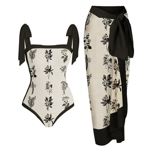 pstuiky Swimsuit Women Bikini, Women One Piece Swimsuit with Beach Cover up Wrap Skirt Sarong Retro Floral Print Bikini Set Two Piece Dark Gray M