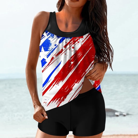 pstuiky Swimsuit for Women Independence Day Crew Neck High Waist Plus Size Adaptable Two Piece Bathing Suits Womens Swim Suits Tankinis Chest Support with Boy Shorts Womens Swim Suits