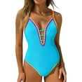 thumbnail image 1 of pstuiky Swimsuits for Women 2025, Women One Piece Swimsuit Deep V Neck Neon Tie Back Bathing Suit with Removable Pads Cute Swimwear for Women Beach Pool Summer Light Blue XL, 1 of 7