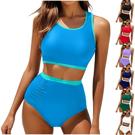 pstuiky Swimwear for Women 2025, Women High Waisted Bikini Set with Chest Cushion and Lining Two Piece Swimsuit Sports Swimwear for Women Comfortable and Supportive Design Black L