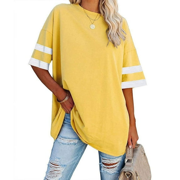 pstuiky T-Shirts Shirts for Women, Women Solid Color Splicing Top Loose Short Sleeve V-Neck Top T-Shirt Short Sleeve Tunic Top Leisure Yellow XL