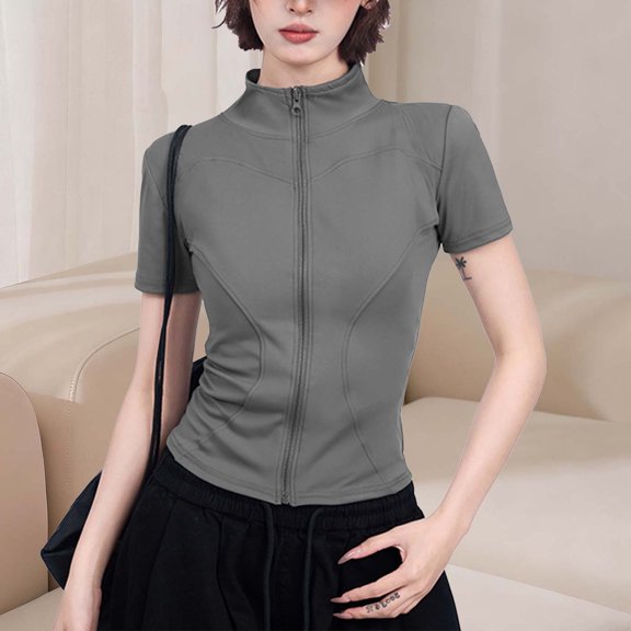 pstuiky T Shirts for Women Oversized High Neck Short Sleeve Women Blouse Comfy Slim Fit Solid Color Ladies Tops Women Tunic Blouses