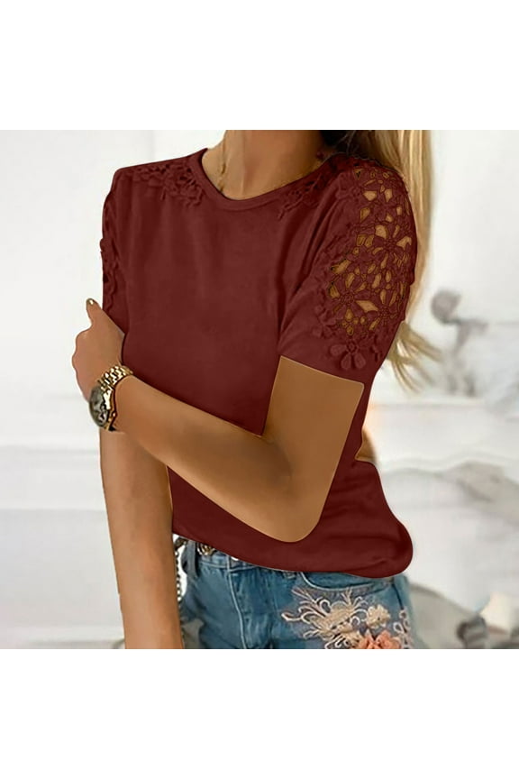 Womens T-Shirts, Women Plus Size T-Shirt Short Sleeve Round Neck T-Shirt Printed Top Loose Leisure T-Shirt Wine XXXXL