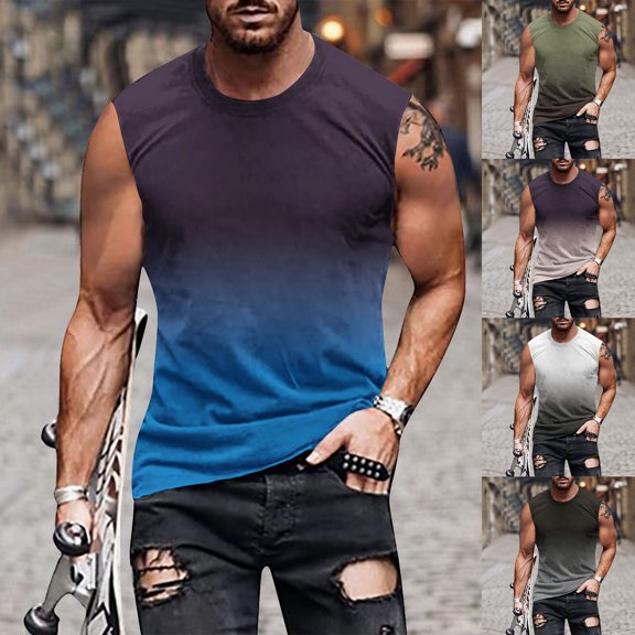 pstuiky Tank Tops Men, Gradient Color Sleeveless Crewneck Vest Top Workout Tank Tops for Men Beach Shirts for Men Running Vest