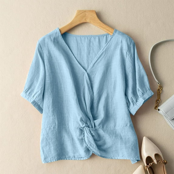 pstuiky Tops for Women Plus Size Solid Color V-Neck Women Linen Tops Cotton and Linen Loose Fit Sleeveless Tie Front T Shirts Light Blue XXXL