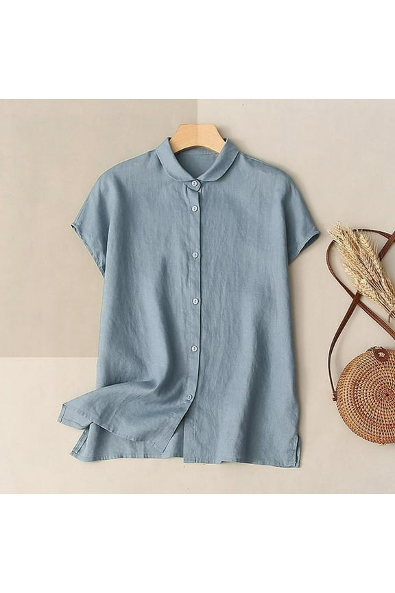 Tops for Women Plus Size Solid Color V-Neck Womens Linen Shirt Cotton and Linen Loose Fit Short Sleeve Tie Front Basic Tees Light Blue XXXL