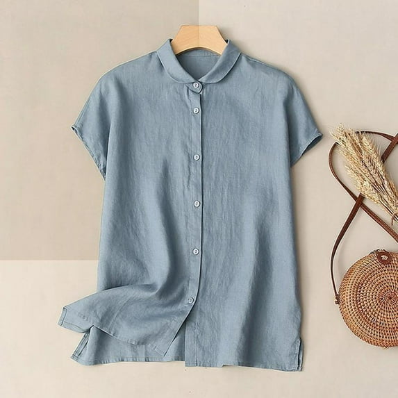 pstuiky Tops for Women Plus Size Solid Color V-Neck Womens Linen Shirt Cotton and Linen Loose Fit Short Sleeve Tie Front Basic Tees Light Blue XXXL