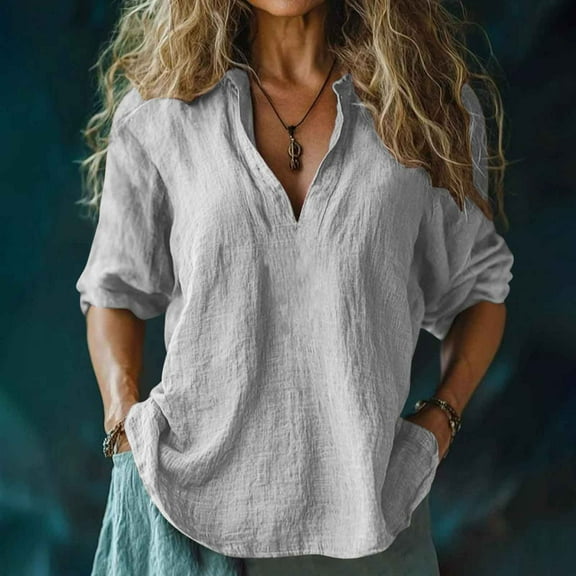 pstuiky Tops for Women Fashion Solid Color Long Sleeve Linen Top for Women Leisure Loose Fit Tie Front T Shirts Gray XL