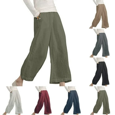 pstuiky Trousers, Women Solid Color Mid Waist Cotton Linen Pants Modern Fit Simple Oversized Autumn Pants Cargo Pants Gift for Women Up to 65% Off Army Green L