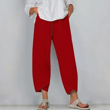 pstuiky Trousers, Women Solid Color Mid Waist Relaxed Fit Active Oversized Long Pajama Pants Elastic Waisted Gift for Girl Fall Savings Clearance Red XL