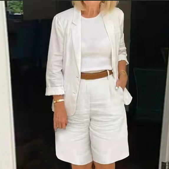 pstuiky Two Piece Outfits for Women, Womens Cotton Linen Suit Shirt and Shorts Suit Patchwork Loose Shirt Coat Elastic Shorts Leisure Suit White XXXL