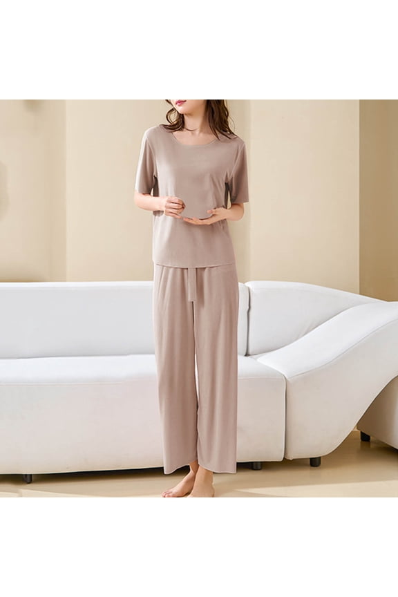Two Piece Sets for Women Oversized Solid Color Comfortable Silk Pajamas Leisure Loose Fit Crew Neck Short Sleeve Sleepwear Loungewear Sets Woman Khaki L