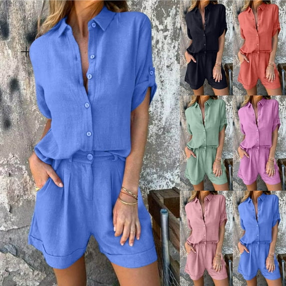 pstuiky Two Piece Sets for Women Oversized Solid Color Lightweight 2 Piece Sleepwear Leisure Loose Fit Crew Neck Short Sleeve Pajama Sets with Shorts Summer Pjs Blue S