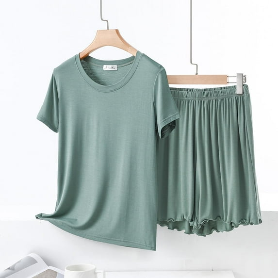 pstuiky Two Piece Sets for Women Oversized Solid Color Lightweight Lounge Sets Leisure Loose Fit Crew Neck Short Sleeve Pajama Sets with Shorts Pjs Sets for Women Mint Green L