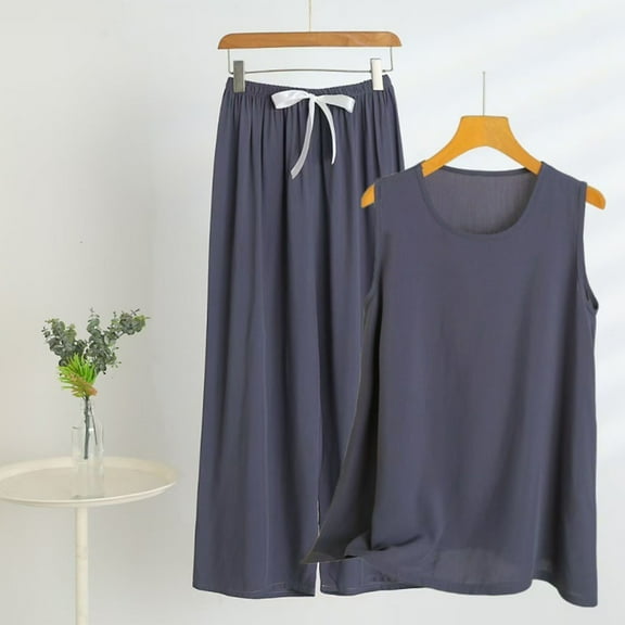 pstuiky Two Piece Sets for Women Plus Size Solid Color Comfortable Pajama Sets with Pants Summer Loose Fit Crew Neck Sleeveless Sleepwear Dark Gray 3XL