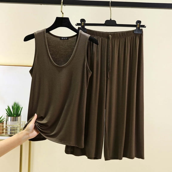 pstuiky Two Piece Sets for Women Summer Solid Color Comfortable Pajama Set Lounge Loose Fit V-Neck Sleeveless Sleepwear with Shorts Pjs Sets for Women Army Green XL