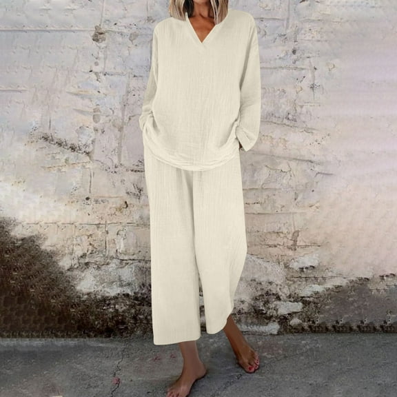 pstuiky Two Piece Sets for Women Summer Solid Color Comfortable Sleepwear with Pants Comfy Loose Fit V-Neck Long Sleeve Pajamas Beige L