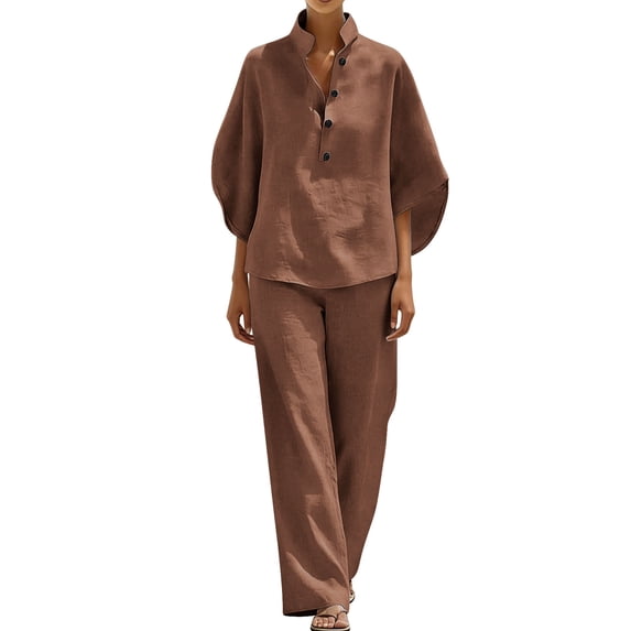 pstuiky Two Piece Sets for Women Summer Solid Color Cotton Linen Sets Batwing Sleeve V Neck Button Shirts and Wide Leg Pants Set Matching Lounge Set Casual Outfit Coffee,XL