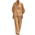 thumbnail image 1 of pstuiky Two Piece Sets for Women Summer Solid Color Cotton Linen Sets Batwing Sleeve V Neck Button Shirts and Wide Leg Pants Set Matching Lounge Set Casual Outfit Khaki,XXL, 1 of 9