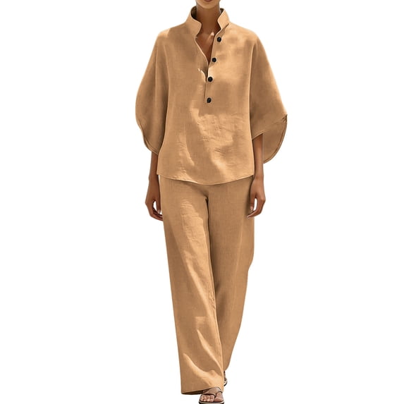 pstuiky Two Piece Sets for Women Summer Solid Color Cotton Linen Sets Batwing Sleeve V Neck Button Shirts and Wide Leg Pants Set Matching Lounge Set Casual Outfit Khaki,XXL