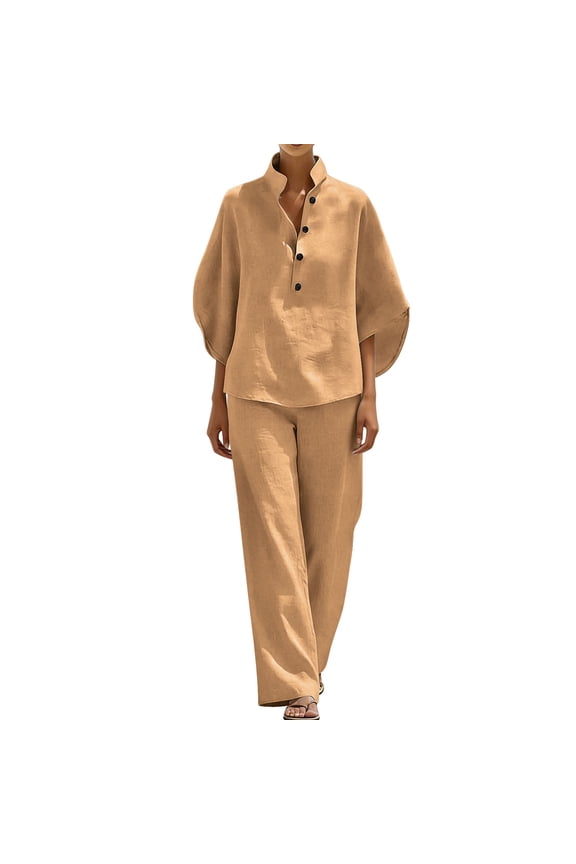 Two Piece Sets for Women Summer Solid Color Cotton Linen Sets Batwing Sleeve V Neck Button Shirts and Wide Leg Pants Set Matching Lounge Set Casual Outfit Khaki,XXL