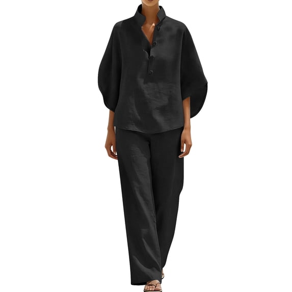 pstuiky Two Piece Sets for Women Summer Solid Color Cotton Linen Sets Batwing Sleeve V Neck Button Shirts and Wide Leg Pants Set Matching Lounge Set Casual Outfit Black,L