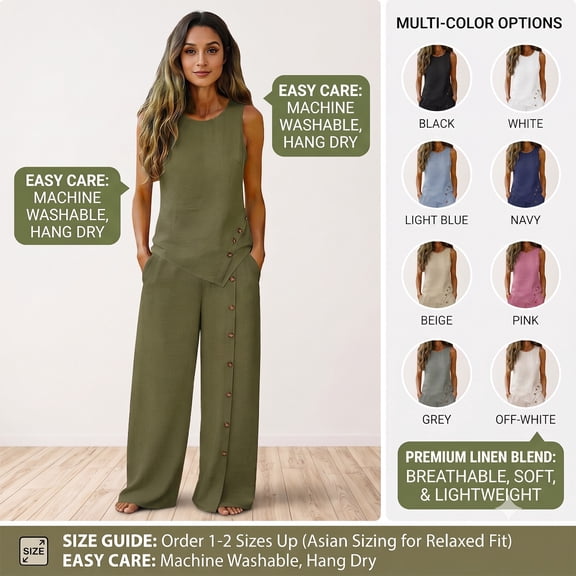 pstuiky Linen Sets for Women 2 Piece Solid Color Round Neck Sleeveless Tops and Wide Leg Pants Summer Sets Matching Lounge Set Casual Two Piece Sets Women Clothing