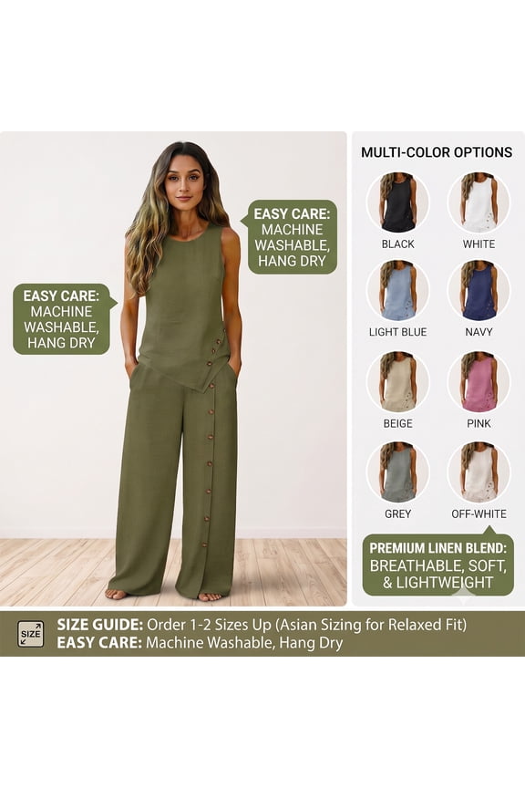 Linen Sets for Women 2 Piece Solid Color Round Neck Sleeveless Tops and Wide Leg Pants Summer Sets Matching Lounge Set Casual Two Piece Sets Women Clothing